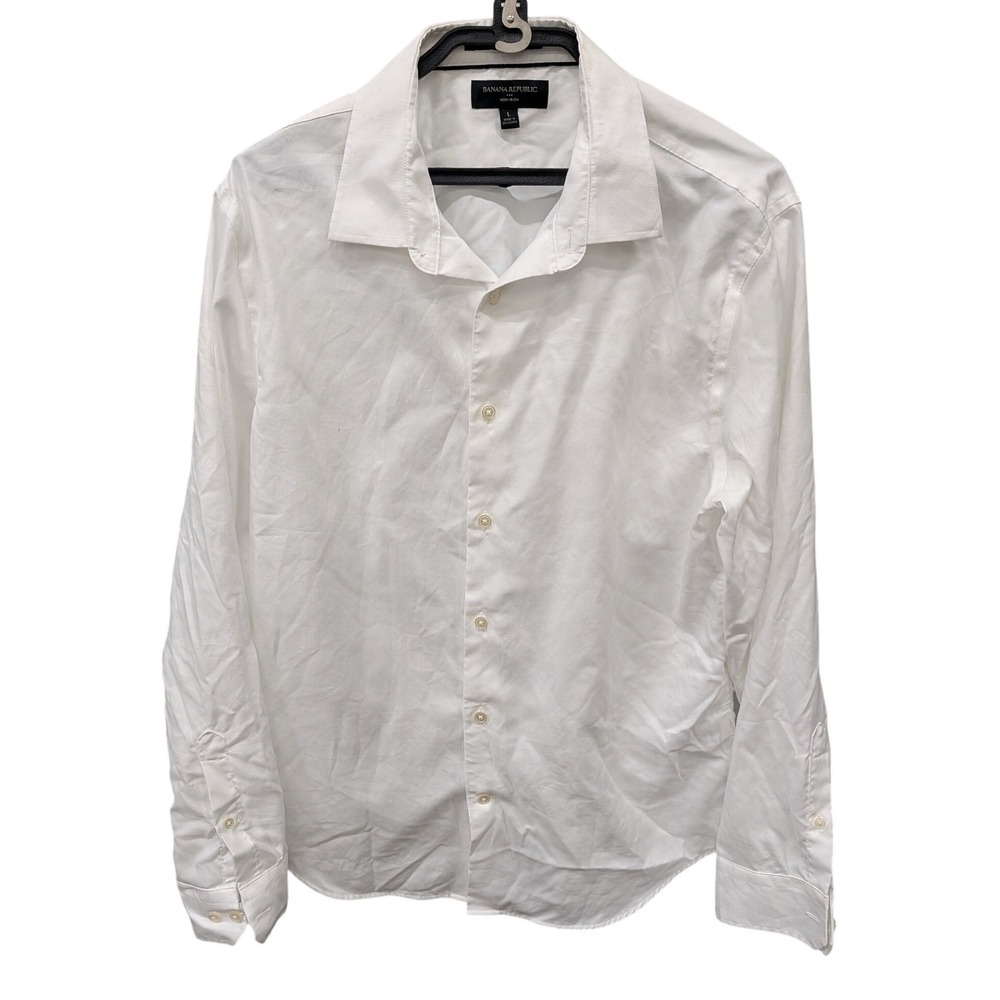 Banana Republic Men's White Untucked Fit Non-Iron Textured Cotton Shirt- L - Picture 2 of 7